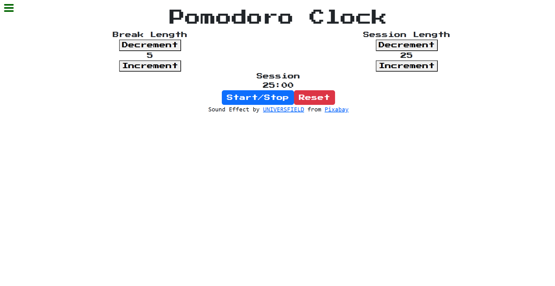 ReactJS 25 + 5 Clock Screenshot